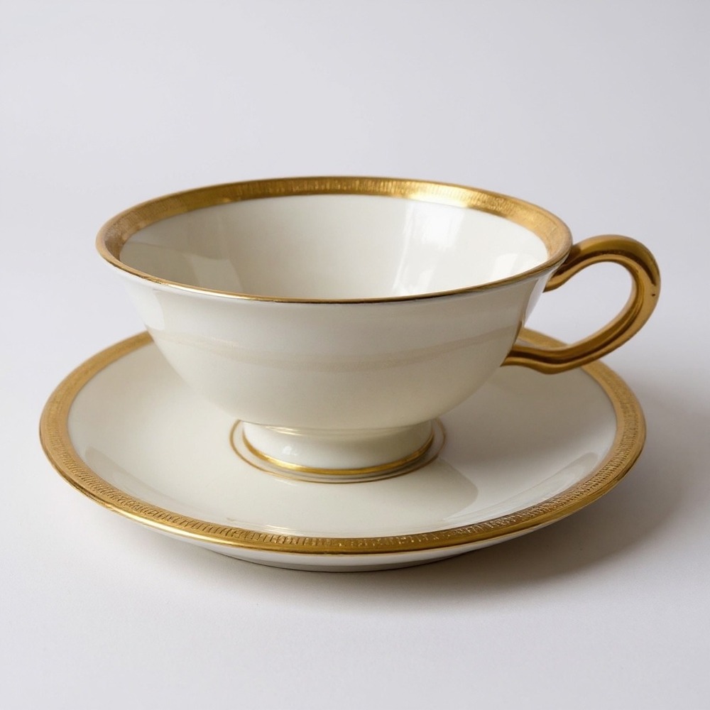 Lenox Tuxedo Footed Cup and Saucer Set Gold Trim Bone China Made In USA